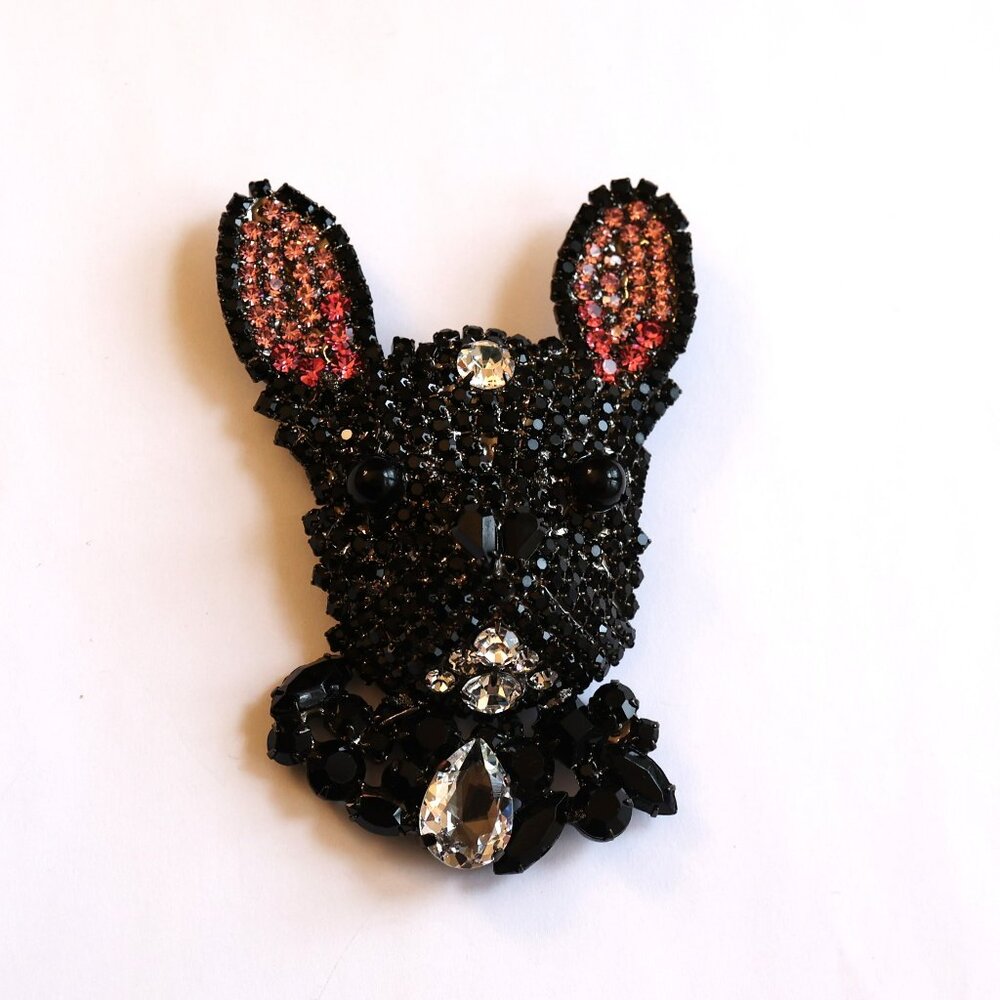 Moans designer signed pink & black French Bulldog figural Brooch